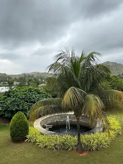 A view of our garden fountain with the hills in the distance. We use elements like water and stone to create a grounding and peaceful atmosphere throughout the retreat.