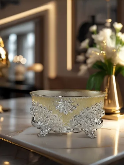 Styled in a luxurious home setting, the yellow enamel bowl stands out as an elegant accent piece. Its intricate silver peacock stands add a touch of regal charm.