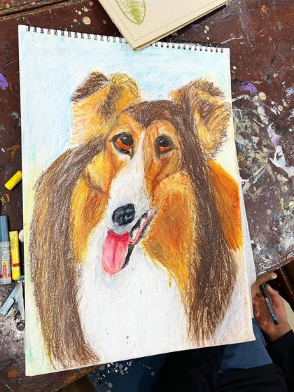 A wonderfully rendered dog portrait in oil pastels. This piece shows a student's growing skill in capturing likeness and texture.