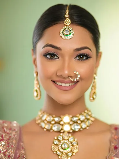 A radiant smile from the bride. The makeup is designed to look fresh and natural, letting her happiness be the centerpiece.