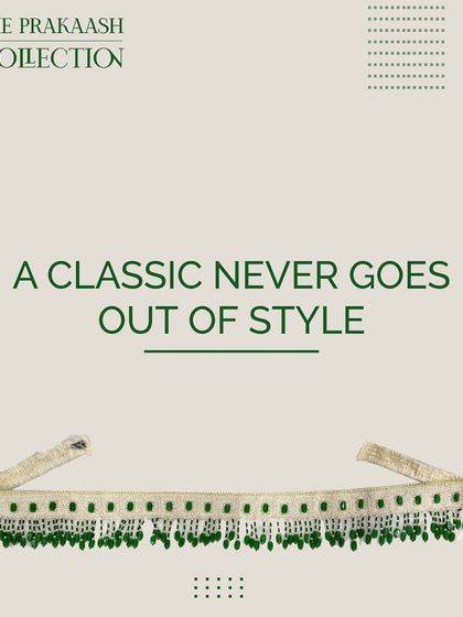 A classic beaded belt with green hanging beads. This image shows how a simple, elegant belt can be a timeless addition to your wardrobe, suitable for both ethnic and western outfits.