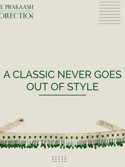 A classic beaded belt with green hanging beads. This image shows how a simple, elegant belt can be a timeless addition to your wardrobe, suitable for both ethnic and western outfits.