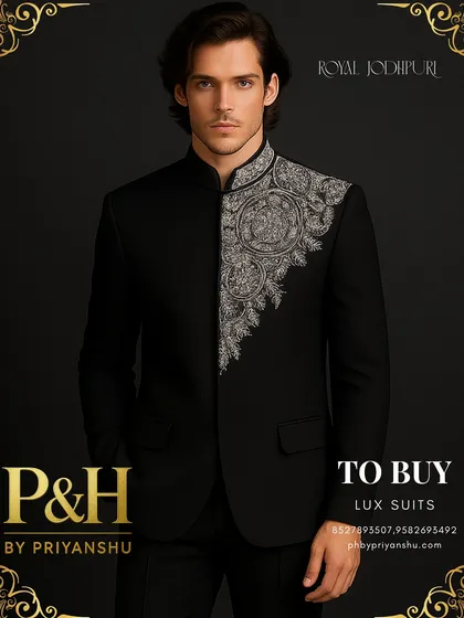 A portrait shot that captures the confident and commanding presence this black and silver Jodhpuri suit imparts.