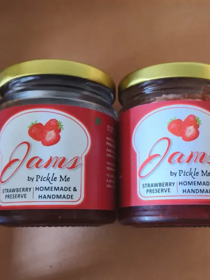 Two jars of our classic Strawberry Preserve. It’s handmade in small batches to ensure you get the freshest product, full of real strawberry flavour.