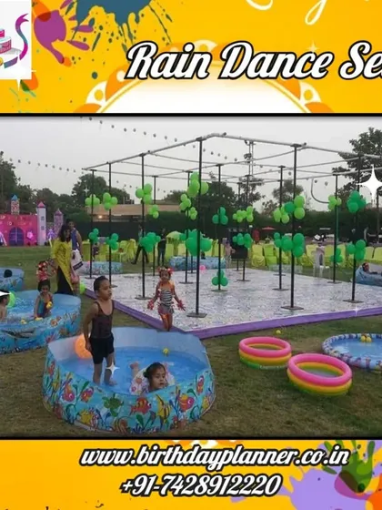 Our rain dance setup is a bestseller for summer parties. We install a full framework with sprinklers, creating a fun dance zone, and can supplement it with small inflatable pools for kids, as shown here at an outdoor birthday celebration.