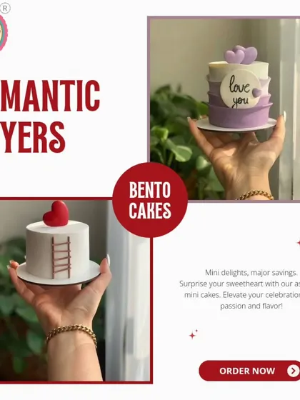 My romantic bento cakes are perfect for celebrating love in a small, sweet way. This image shows two popular designs: one with a heart climbing a ladder and another with a simple "love you" message. They are mini delights for your most intimate moments.