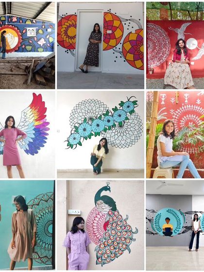 A collection of my murals that blend different styles, like Warli, mandala, and illustrative art. I encourage my students to find their own unique voice by combining techniques.