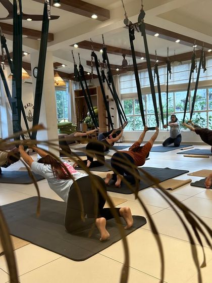 A beautiful, wide-angle shot of an aerial yoga session, capturing the focused energy of the students as they stretch and strengthen together.