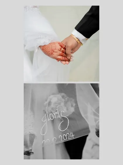 A collage showing the couple holding hands and a detail of the bride's veil, which is custom embroidered with their names and wedding date.