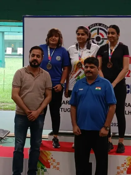 Another group of talented female shooters on the podium at the Haryana Championship 2022. My role as an official allows me to contribute to the broader shooting community.
