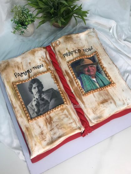 A top-down view of the intricately designed open book cake.