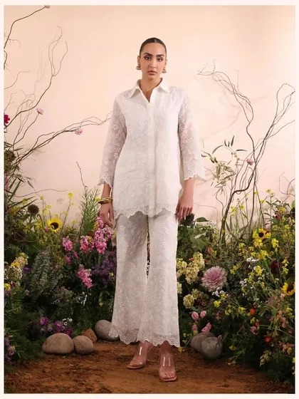 For a minimalist look, this white-on-white embroidered co-ord set is perfect. It’s clean, classic, and effortlessly chic.