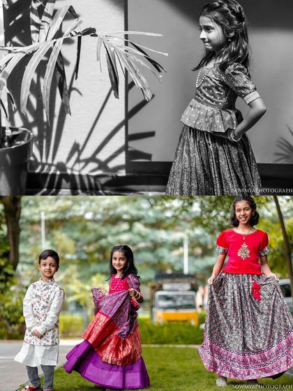 A look at the vibrant and beautiful traditional attire worn by the children at a family function. We make sure to capture these details, from the rich colors of the pattu pavadai to the kids' proud poses.