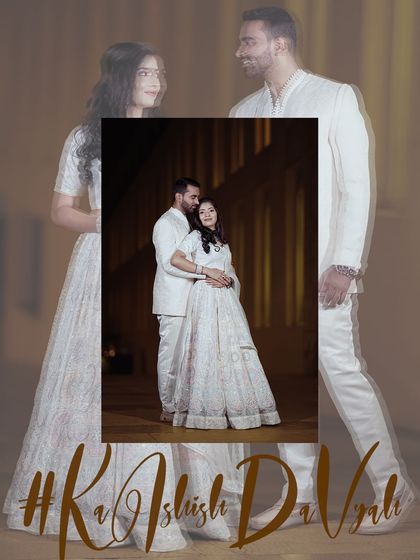A stylized portrait of a couple in elegant white outfits for their engagement or sangeet night. The layered effect gives it a modern, graphic feel.