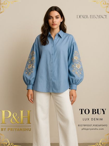 A full-length shot of the blue denim shirt and white jeans combination, showcasing a perfect balance of relaxed tailoring and refined detail.