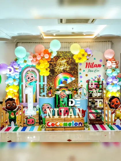 It's a Cocomelon party! I bring the cheerful world of JJ and his friends to life with bright colors, a full cast of character cutouts, and a playful backdrop that will have all the kids singing along. This theme is a huge hit for first and second birthdays.