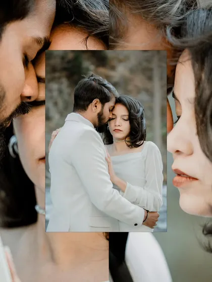 A collage of intimate moments from Rahul and Priyanka's riverside shoot in Kashmir. The close-up shots emphasize their emotional connection, creating a powerful and romantic narrative.