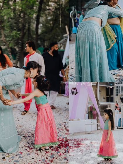 A sweet, candid collage of the bride sharing a dance and a moment with a young flower girl.