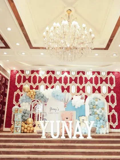 A wider view of the grand setup for Yunay's Lohri party, showing the scale of the decor on the stage.