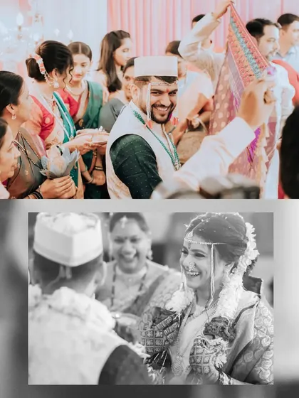 Candid moments from a Maharashtrian wedding ceremony. The black and white photo emphasizes the pure joy and laughter shared between the bride and groom.