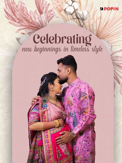This professionally edited photo captures the couple's special day. The matching pink outfits stand out, showing how renting coordinated attire can elevate your event photos.