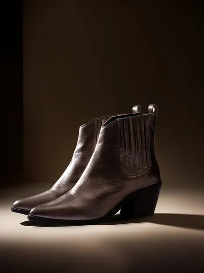 A minimalist shot of dark leather ankle boots. The dramatic, focused lighting highlights the sleek silhouette of the boots, giving them a sophisticated and modern feel.