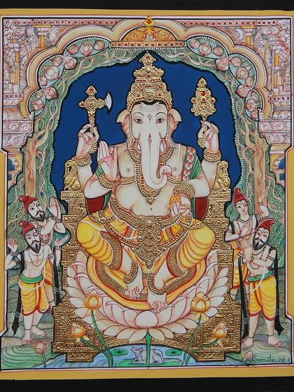 An antique-style Mysore painting of Lord Ganesha, created with minimal gesso work to preserve a classic charm. The use of warm watercolors and subtle gold accents gives it a timeless elegance.