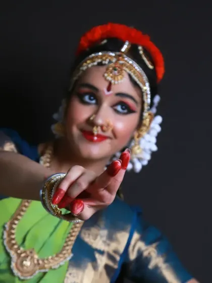 The grace and expression of a young Bharatanatyam dancer during her pre-Arangetram photoshoot. I love documenting unique cultural milestones, focusing on the dedication and artistry involved.
