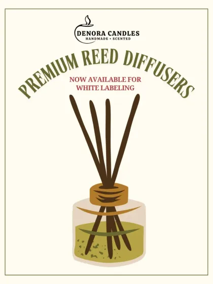 A graphic announcing that my premium reed diffusers are available for white labeling, perfect for your marketing materials.