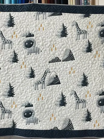 A sweet baby quilt with a woodland animal theme, featuring giraffes and lions.