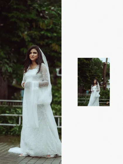 A full-length view of a stunning bridal gown, showcasing its intricate details. This collage highlights the beauty of the bride's chosen attire against a simple, elegant backdrop.