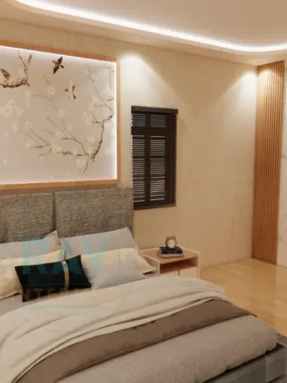 A bedroom render with a wood and white theme, featuring a large art piece above the bed and a functional study nook.