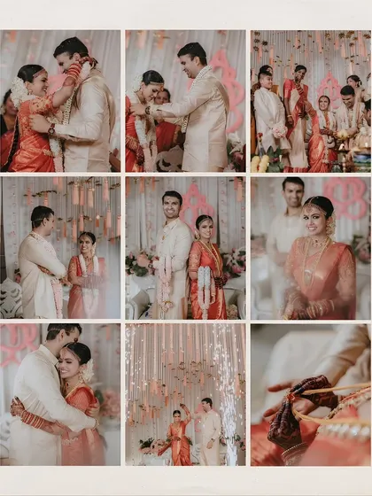 A beautiful summary of a wedding day. This grid of images showcases the key rituals, the couple's loving interactions, and the overall festive atmosphere of a traditional South Indian wedding.