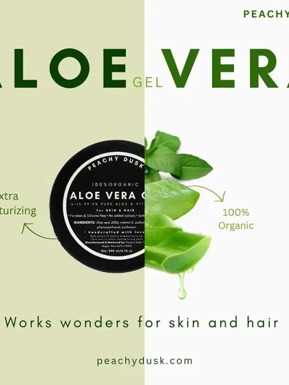My 100% organic Aloe Vera Gel is a true multi-tasker. This graphic highlights its dual power for both skin and hair, providing extra moisture and soothing relief wherever you need it most.