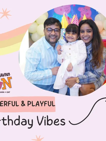 Cheerful and playful birthday vibes. A happy family poses for a photo, perfectly capturing the joyful atmosphere of their child's Peppa Pig-themed celebration.