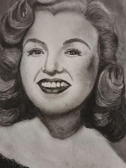 A charcoal and pencil portrait of a smiling woman with vintage-style hair. This piece is an exercise in capturing a joyful expression and classic beauty.