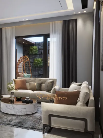 A modern living room with a bold floral wallpaper that serves as an art piece. The design balances this statement feature with neutral sofas and dark curtains.