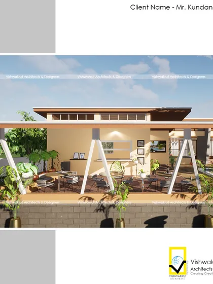 A render of the semi-covered patio at Gharat Farm Stay. This transitional space connects the indoors with the outdoors, providing a comfortable seating area that is protected from the elements.