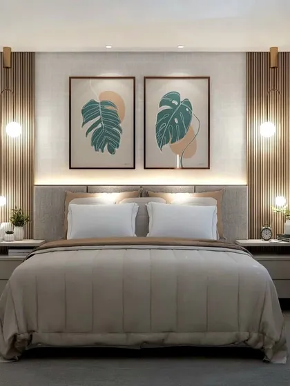 A front view of the bed, highlighting the serene and balanced design of this contemporary bedroom.