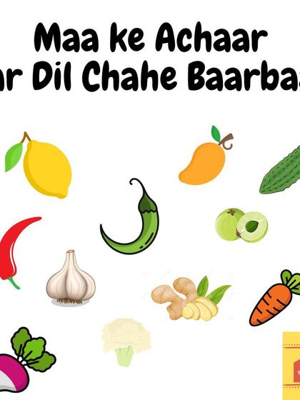 A playful graphic showing the variety of vegetables I use in my pickles. From lemon and mango to carrot and cauliflower, every jar is filled with fresh, natural goodness that your heart will desire again and again.