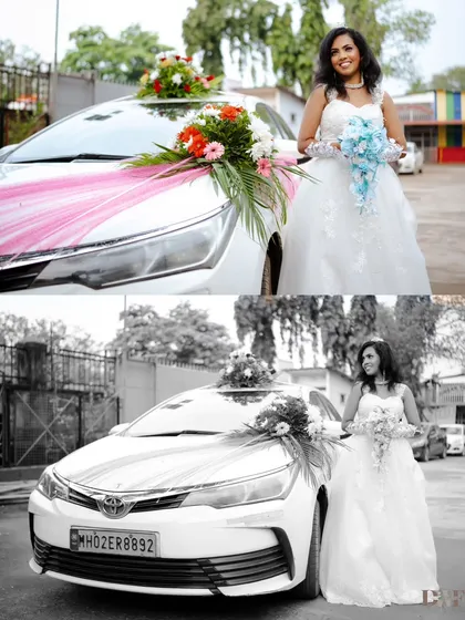 A collage of the bride posing with her wedding car, showcasing her beautiful white gown and bouquet.
