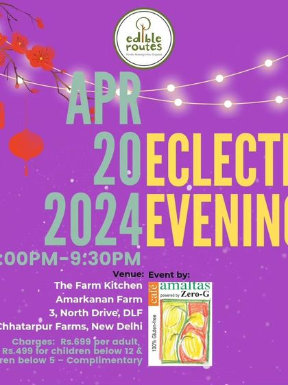 Announcing an "Eclectic Evening" dinner with a menu featuring recipes from different regions of India and some continental dishes.