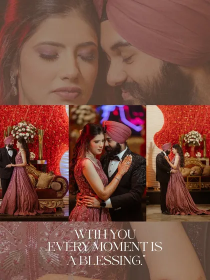 A multi-frame collage that tells the story of their engagement, from wide shots to intimate close-ups, all against a dramatic red background.