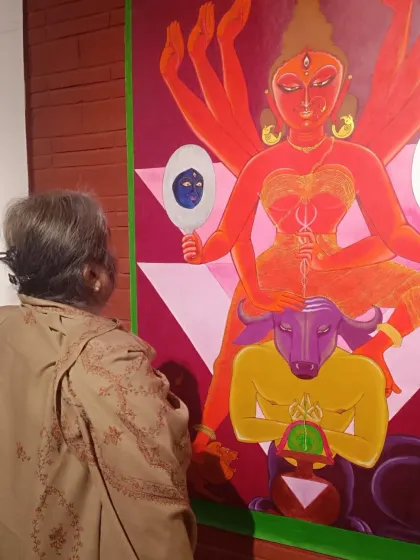 A deeply personal and poignant moment, this photo shows my late Guru and Mother, Smt. Kamalini Nagarajan Dutt, viewing my work. Her presence and blessings are etched into every piece I create, and her inspiration is eternal.