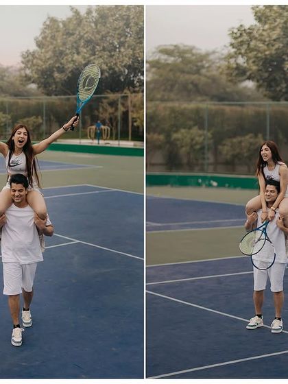 A triumphant and joyful moment on the tennis court. This playful shoulder-ride photo perfectly captures the couple's fun-loving and supportive relationship.