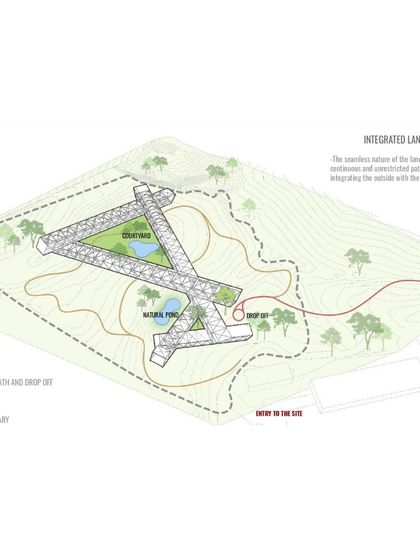 The integrated landscape plan for the Mahindra Resort, showing how the building form encloses a central courtyard and incorporates a natural pond, seamlessly blending inside and outside.