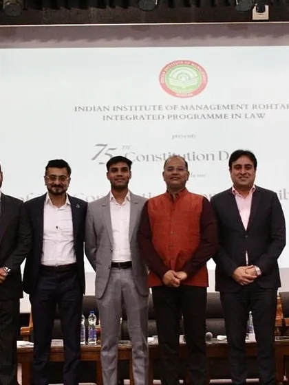 A group photograph of the panelists, including our Partner Vivek Jha, at the Indian Institute of Management, Rohtak. The panel discussed the crucial link between India's Constitution and the framework for business practices.