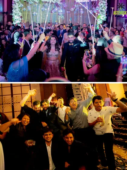The couple makes a sparkling entry through an arch of sparklers held by their friends, followed by a wild after-party.
