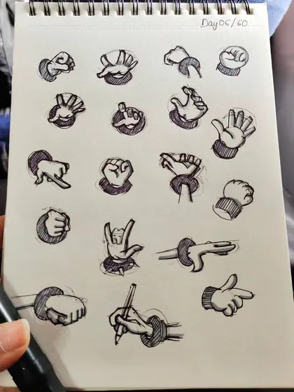 A page full of hand studies. Hands are one of the most expressive parts of the body, and I love practicing drawing them in different cartoon and realistic styles.
