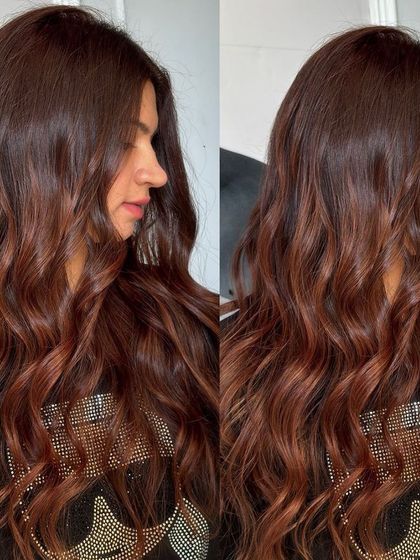 Hair color that completely changes your look. This collage shows off a stunning red-brown transformation.
